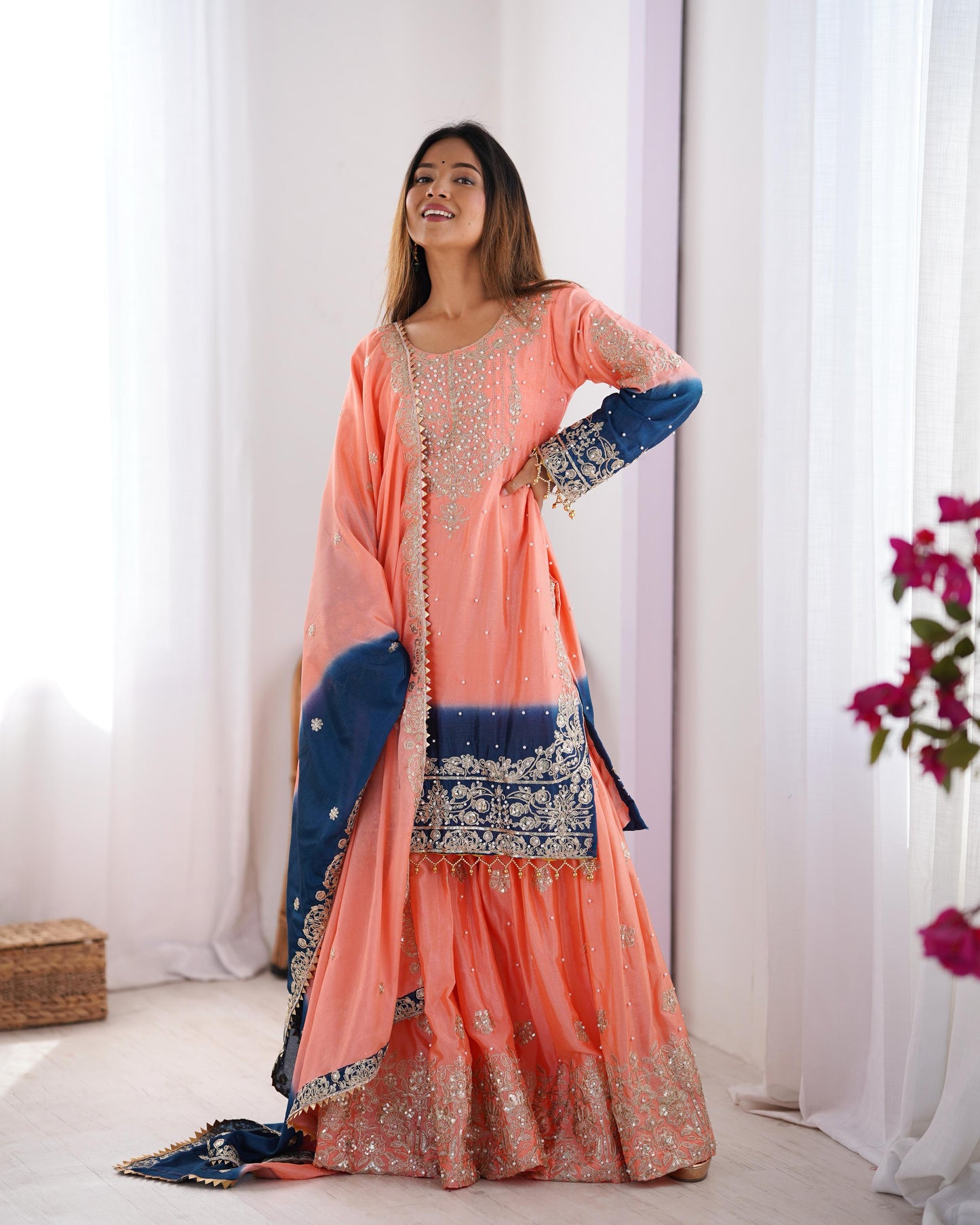 Party Wear Peach Color Chinon Silk And Coding Dori With Sequence With Rivet Moti Beautiful Sharara Suit