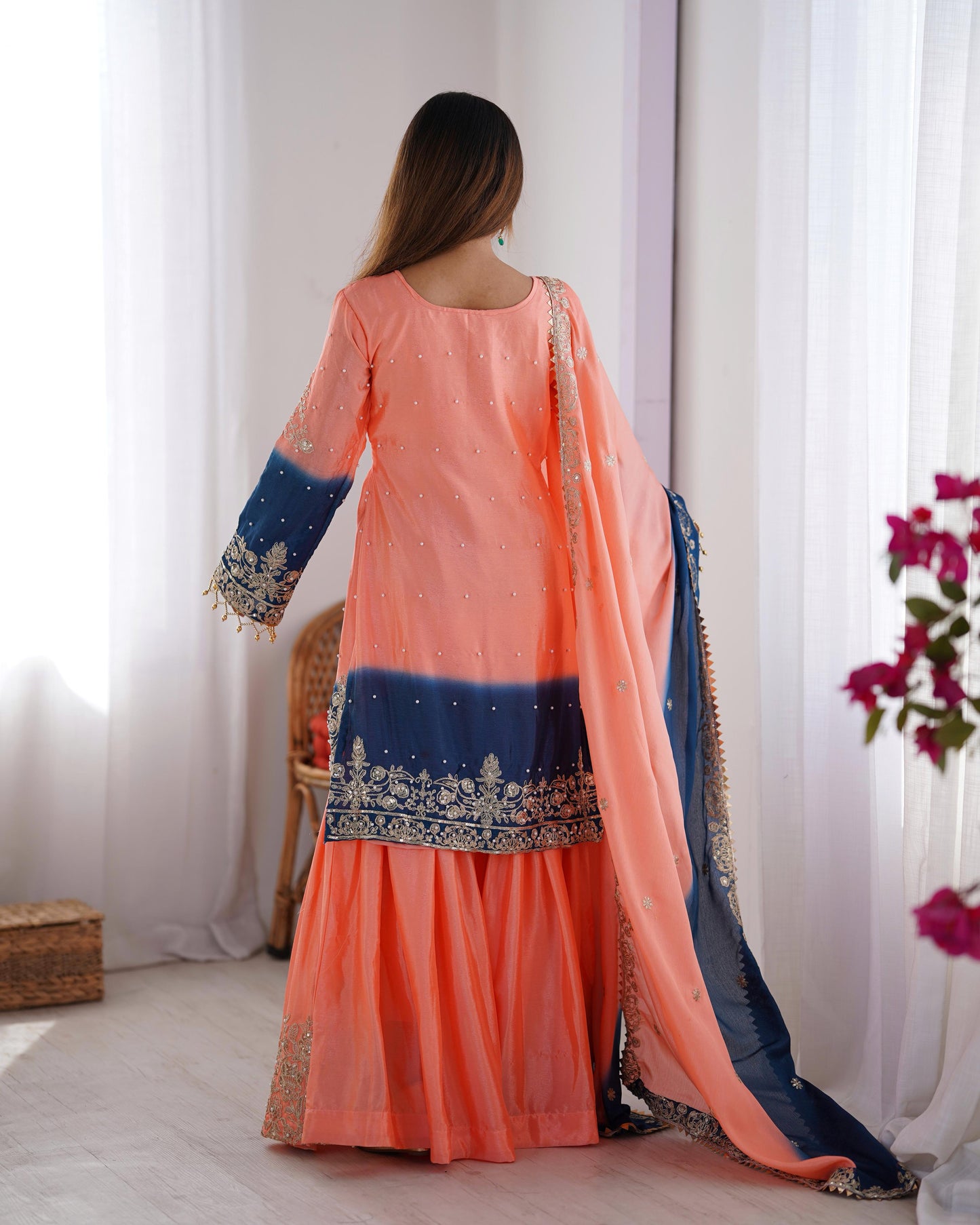 Party Wear Peach Color Chinon Silk And Coding Dori With Sequence With Rivet Moti Beautiful Sharara Suit