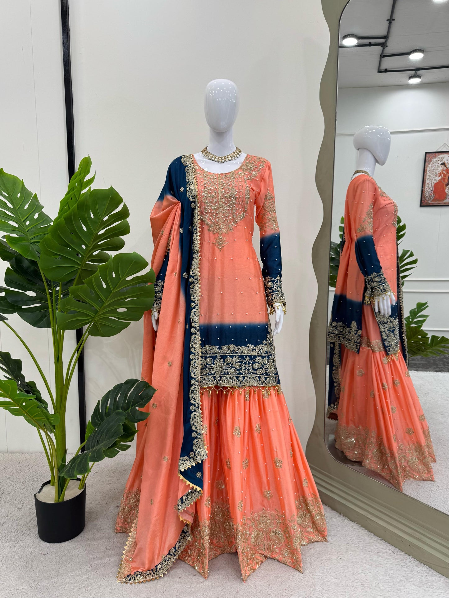 Party Wear Peach Color Chinon Silk And Coding Dori With Sequence With Rivet Moti Beautiful Sharara Suit