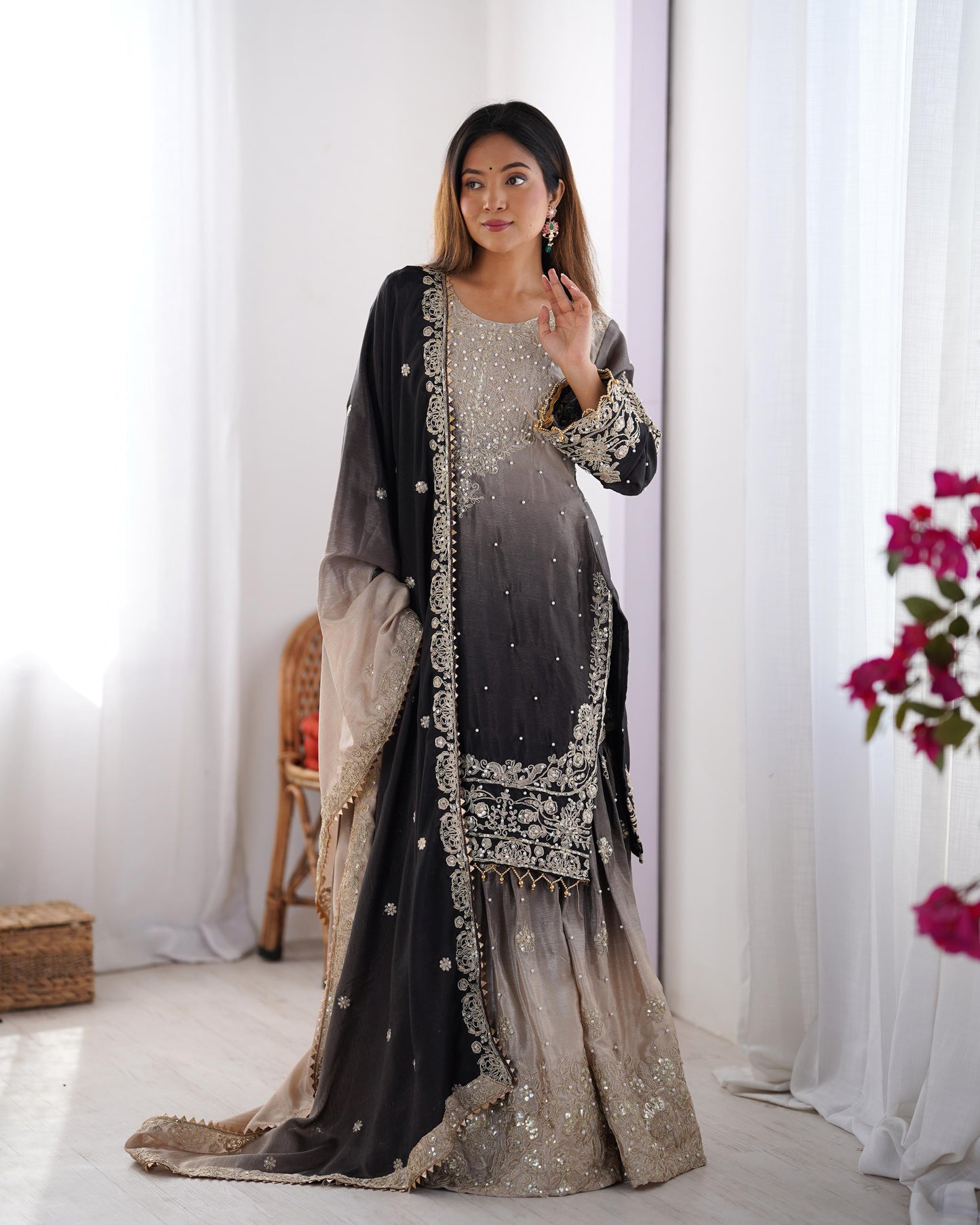 Wedding Wear Black And Grey Color Chinon Silk And Coding Dori With Sequence With Rivet Moti Beautiful Sharara Suit