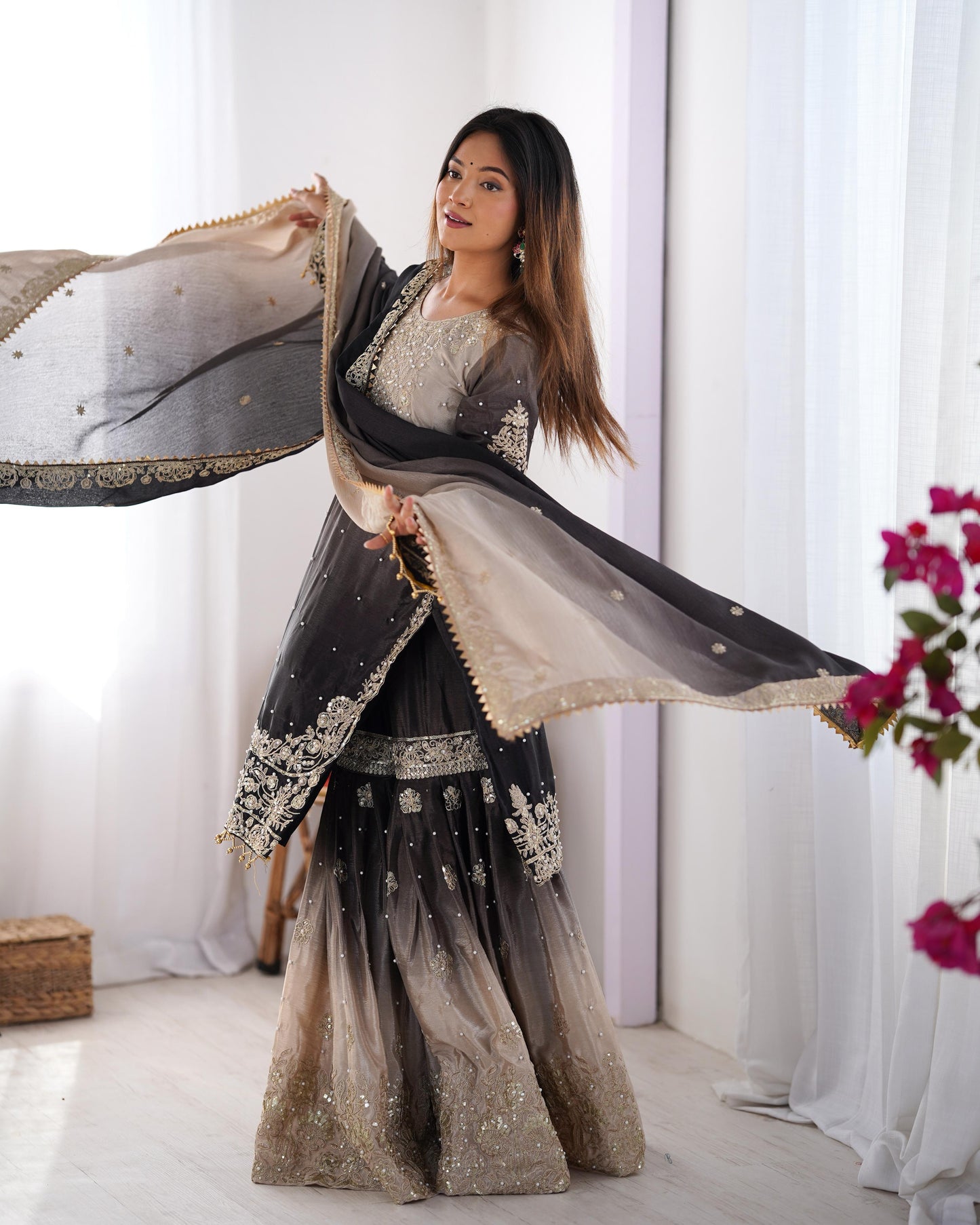 Wedding Wear Black And Grey Color Chinon Silk And Coding Dori With Sequence With Rivet Moti Beautiful Sharara Suit