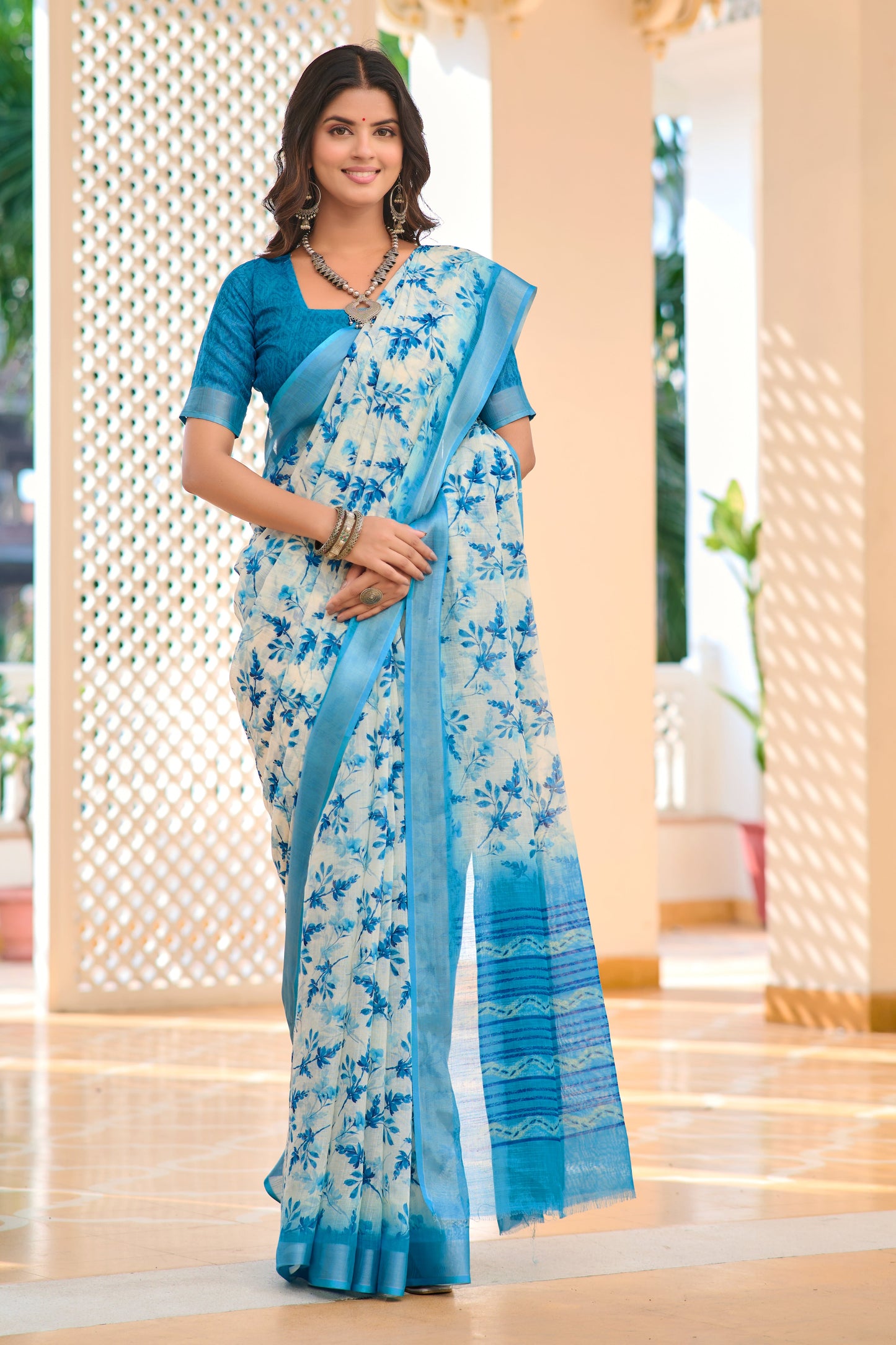 Designer Sky Blue Color Color Pure Cotton Lilen With Digital Printed Designer Saree