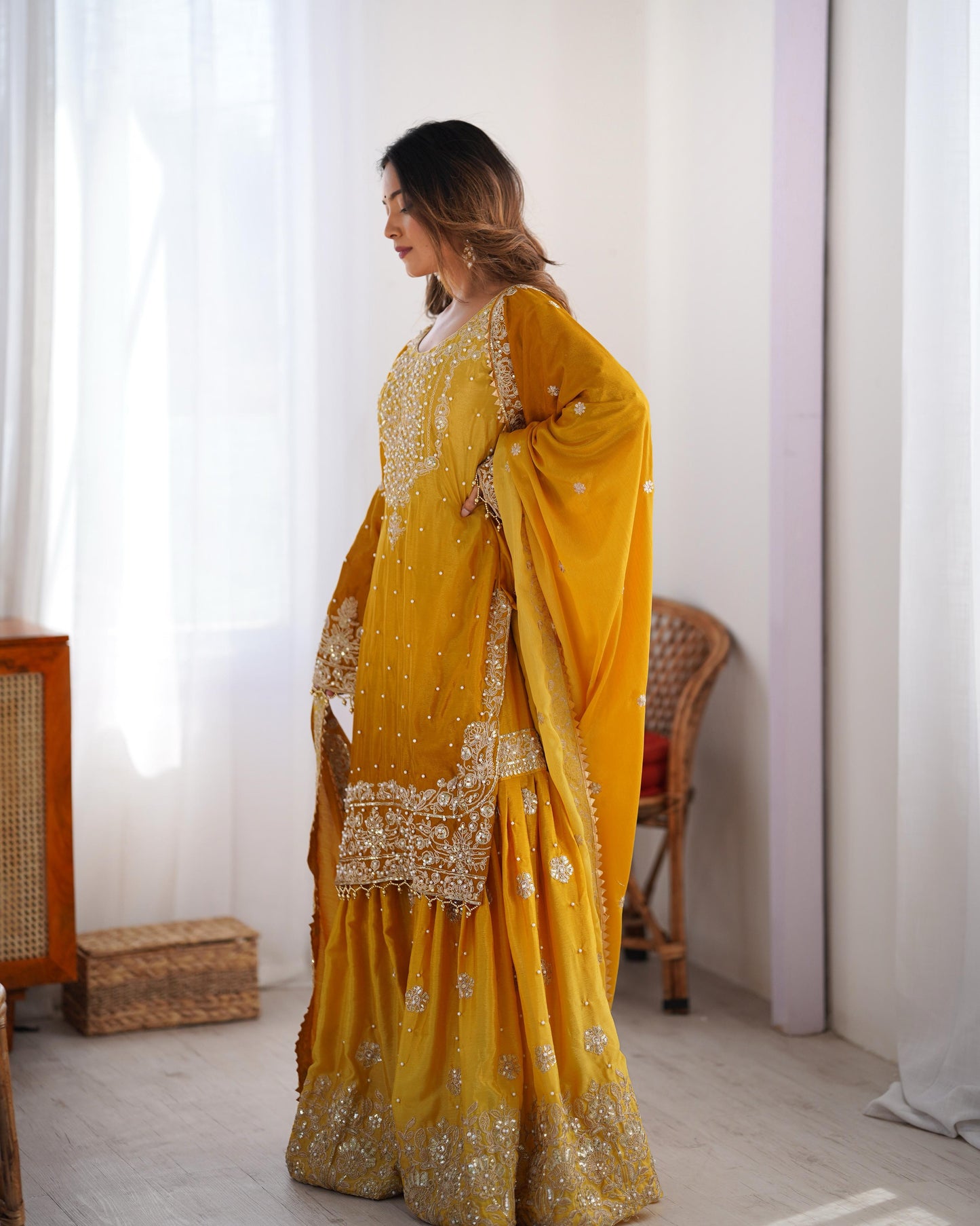 Haldi Special Yellow Color Chinon Silk And Coding Dori With Sequence With Rivet Moti Beautiful Sharara Suit