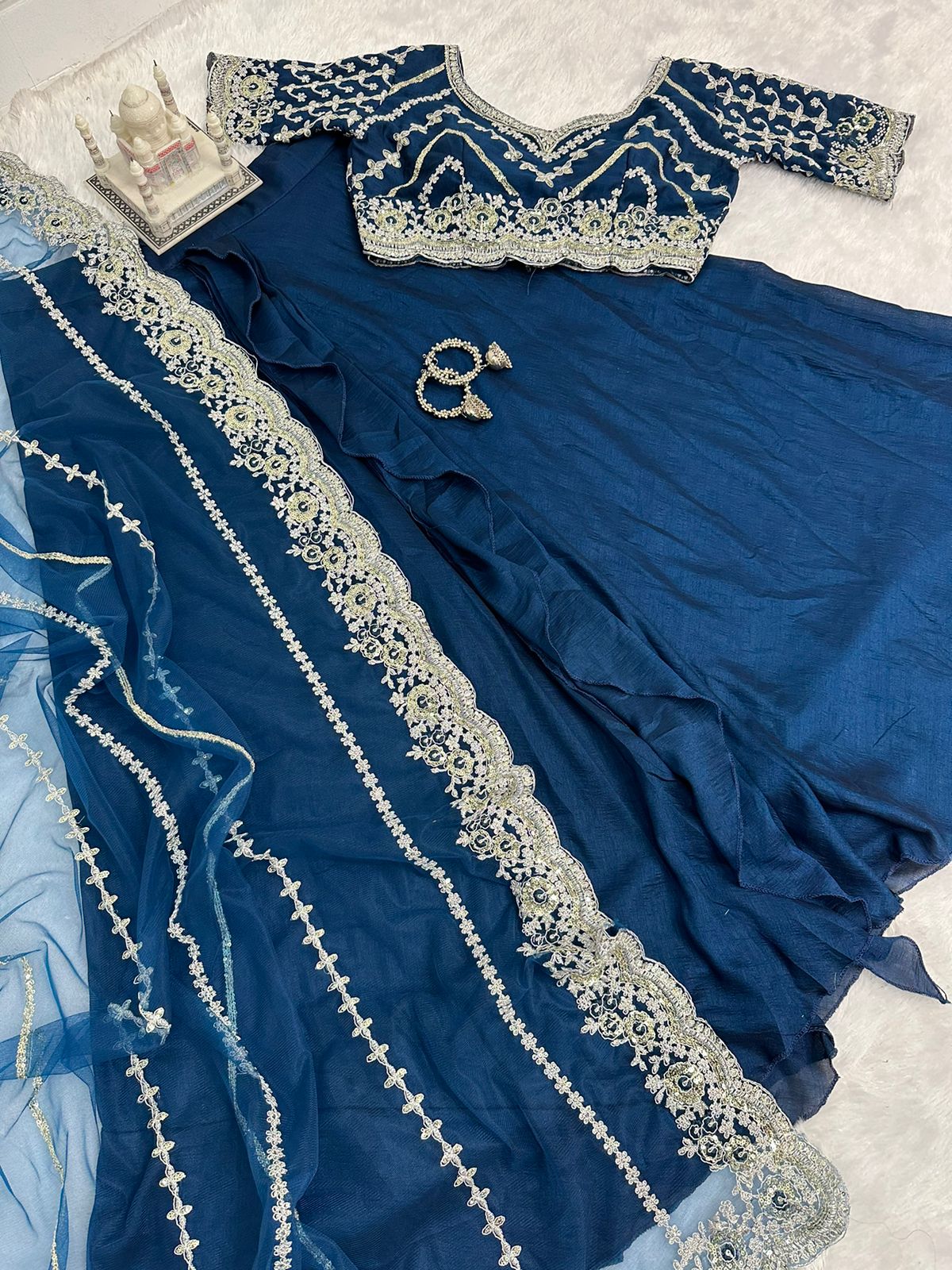 Beautiful Designer Blue Color Vichitra Ready To Wear Lehenga Saree
