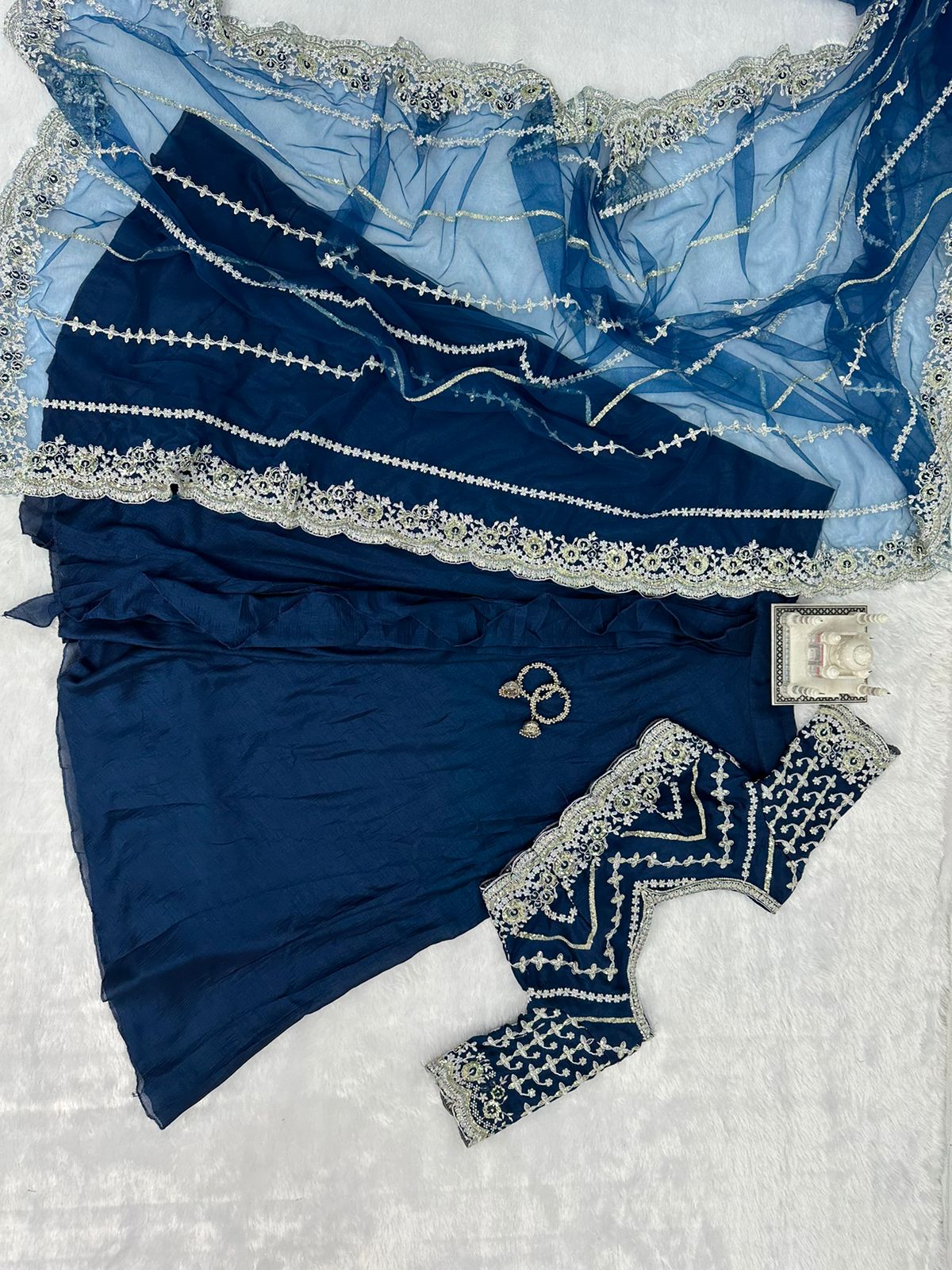 Beautiful Designer Blue Color Vichitra Ready To Wear Lehenga Saree