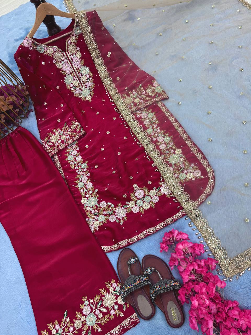 Exclusive Maroon Color Pure Jimmy Choo With Heavy Embroidery 5mm Sequence Work Palazzo Suit