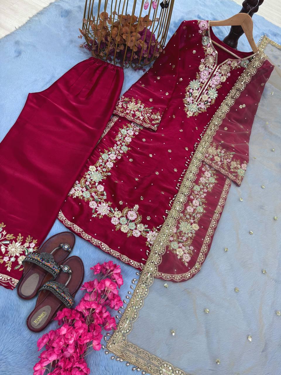 Exclusive Maroon Color Pure Jimmy Choo With Heavy Embroidery 5mm Sequence Work Palazzo Suit