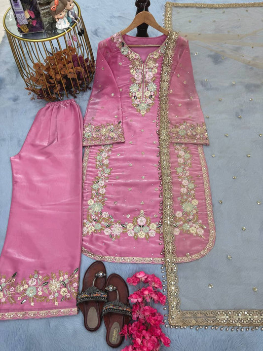 Exclusive Baby Pink Color Pure Jimmy Choo With Heavy Embroidery 5mm Sequence Work Palazzo Suit