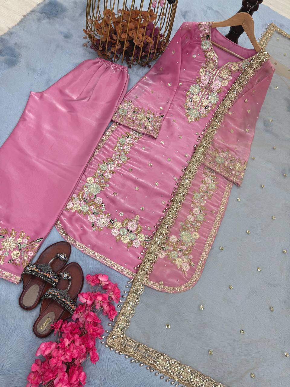 Exclusive Baby Pink Color Pure Jimmy Choo With Heavy Embroidery 5mm Sequence Work Palazzo Suit