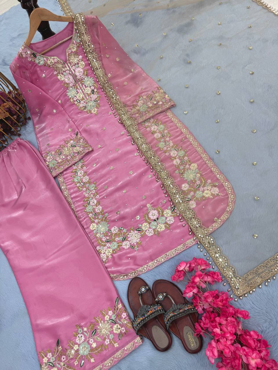 Exclusive Baby Pink Color Pure Jimmy Choo With Heavy Embroidery 5mm Sequence Work Palazzo Suit