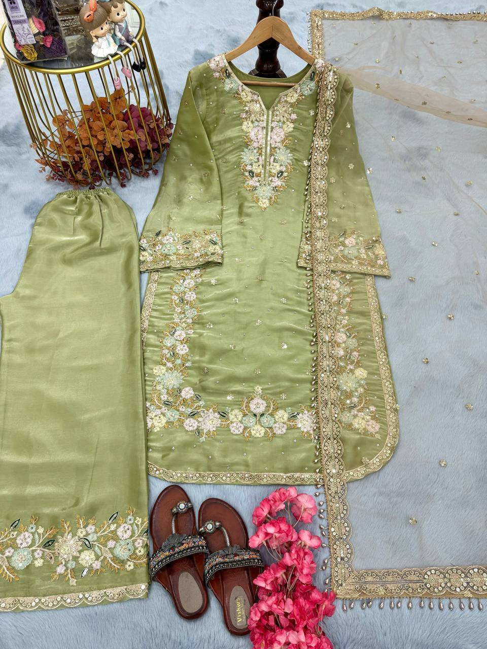 Exclusive Green Color Pure Jimmy Choo With Heavy Embroidery 5mm Sequence Work Palazzo Suit