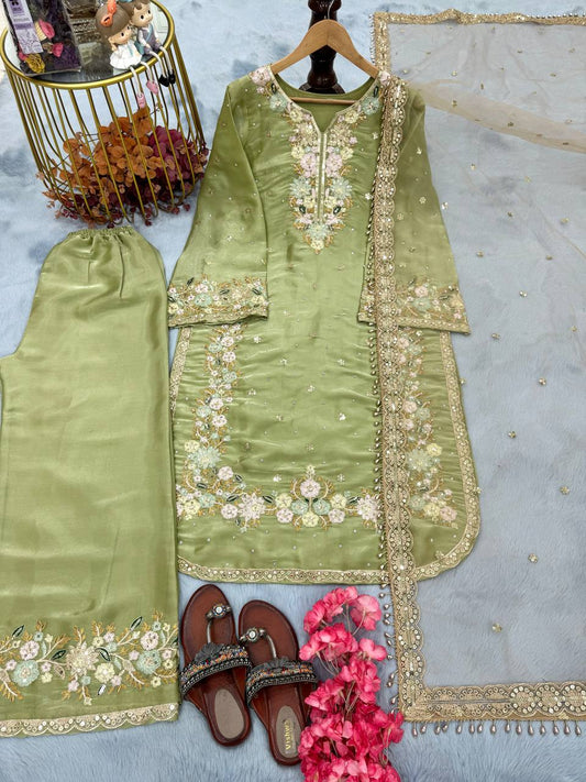 Exclusive Green Color Pure Jimmy Choo With Heavy Embroidery 5mm Sequence Work Palazzo Suit