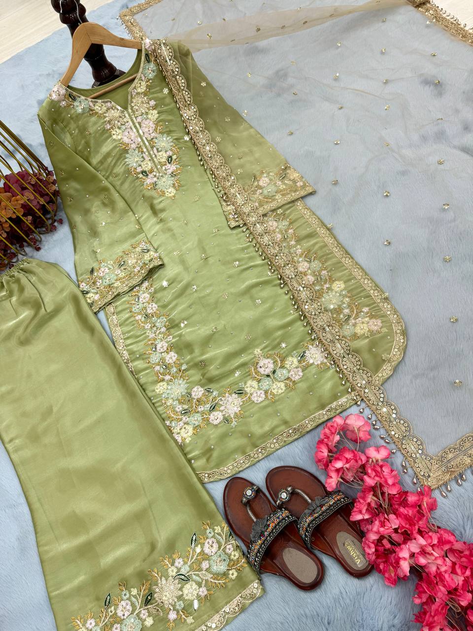 Exclusive Green Color Pure Jimmy Choo With Heavy Embroidery 5mm Sequence Work Palazzo Suit