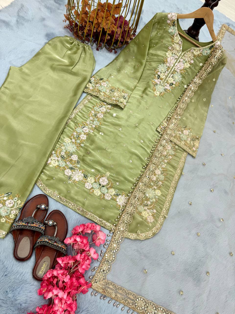 Exclusive Green Color Pure Jimmy Choo With Heavy Embroidery 5mm Sequence Work Palazzo Suit
