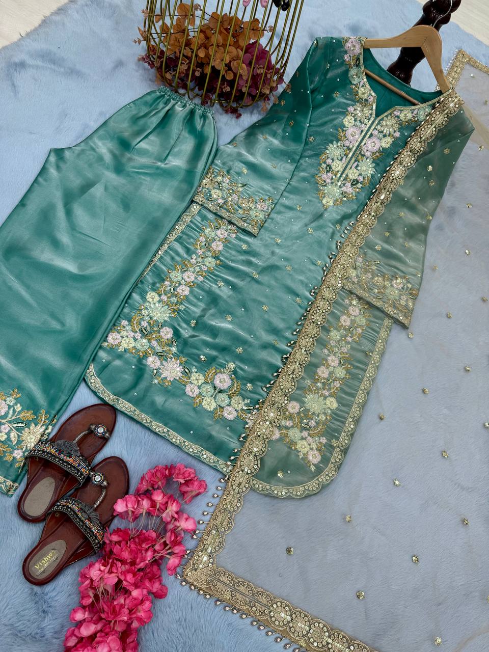 Exclusive Light Green Color Pure Jimmy Choo With Heavy Embroidery 5mm Sequence Work Palazzo Suit