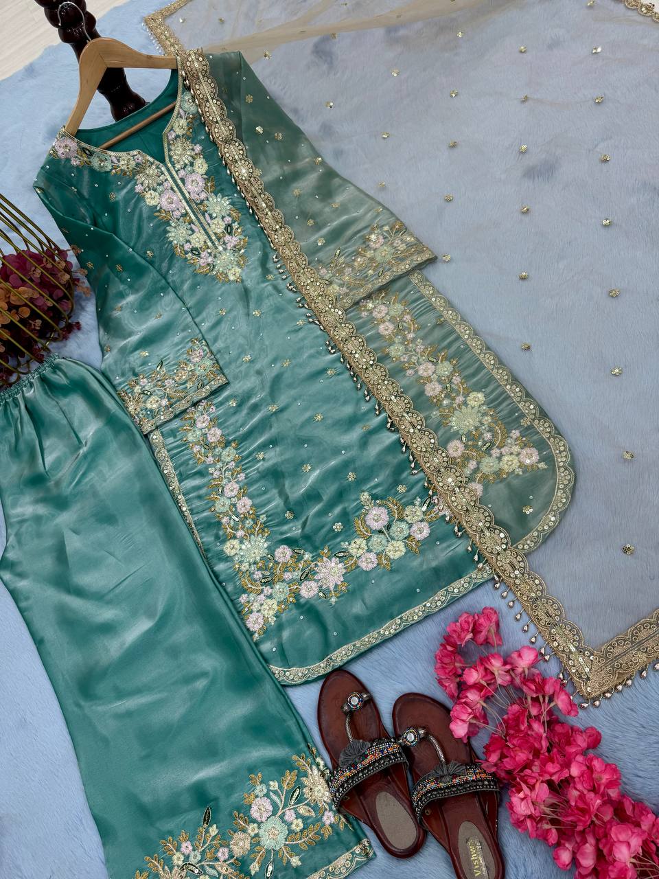 Exclusive Light Green Color Pure Jimmy Choo With Heavy Embroidery 5mm Sequence Work Palazzo Suit