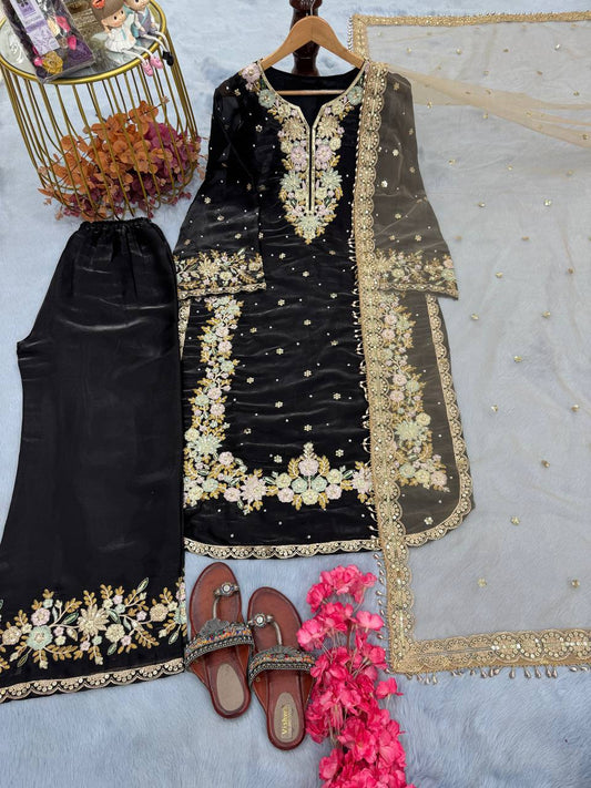 Exclusive Black Color Pure Jimmy Choo With Heavy Embroidery 5mm Sequence Work Palazzo Suit