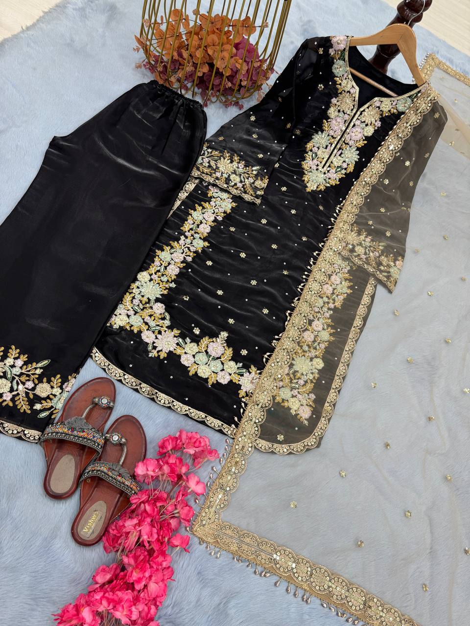 Exclusive Black Color Pure Jimmy Choo With Heavy Embroidery 5mm Sequence Work Palazzo Suit