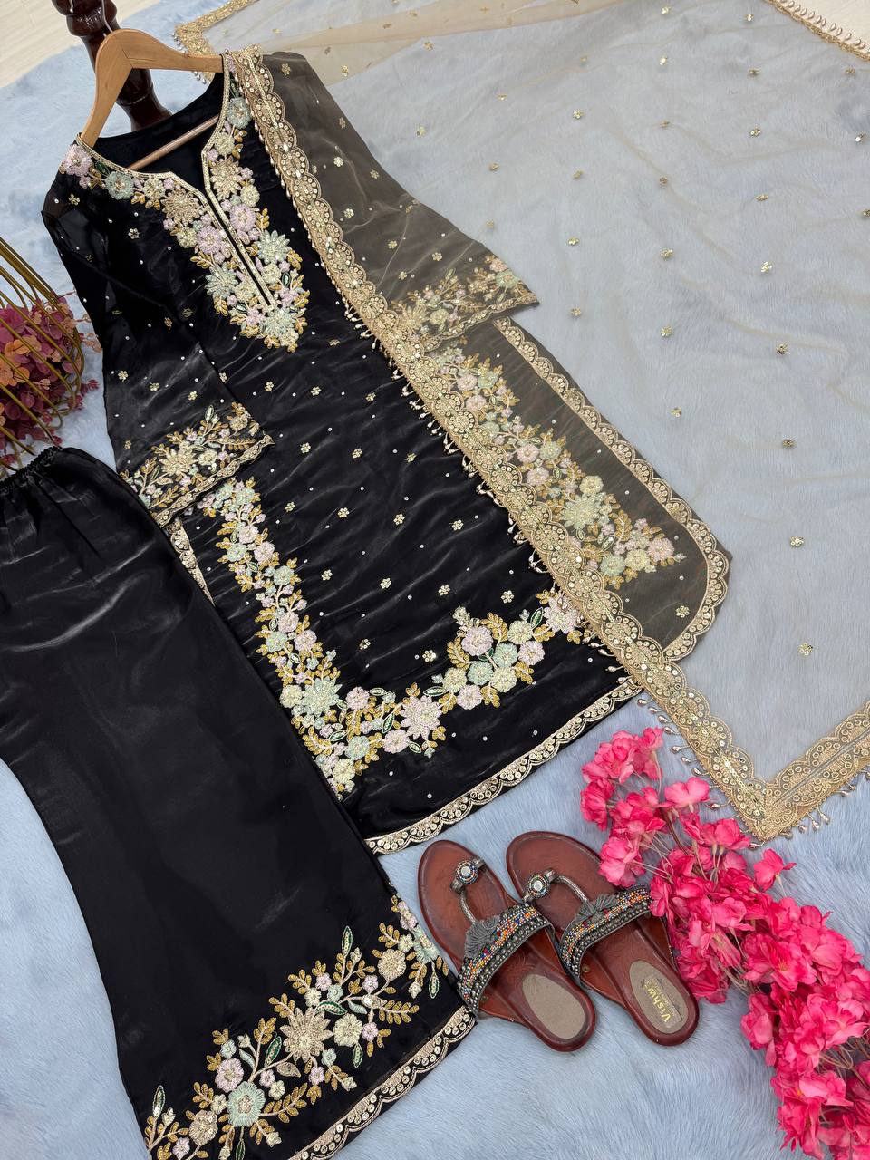 Exclusive Black Color Pure Jimmy Choo With Heavy Embroidery 5mm Sequence Work Palazzo Suit