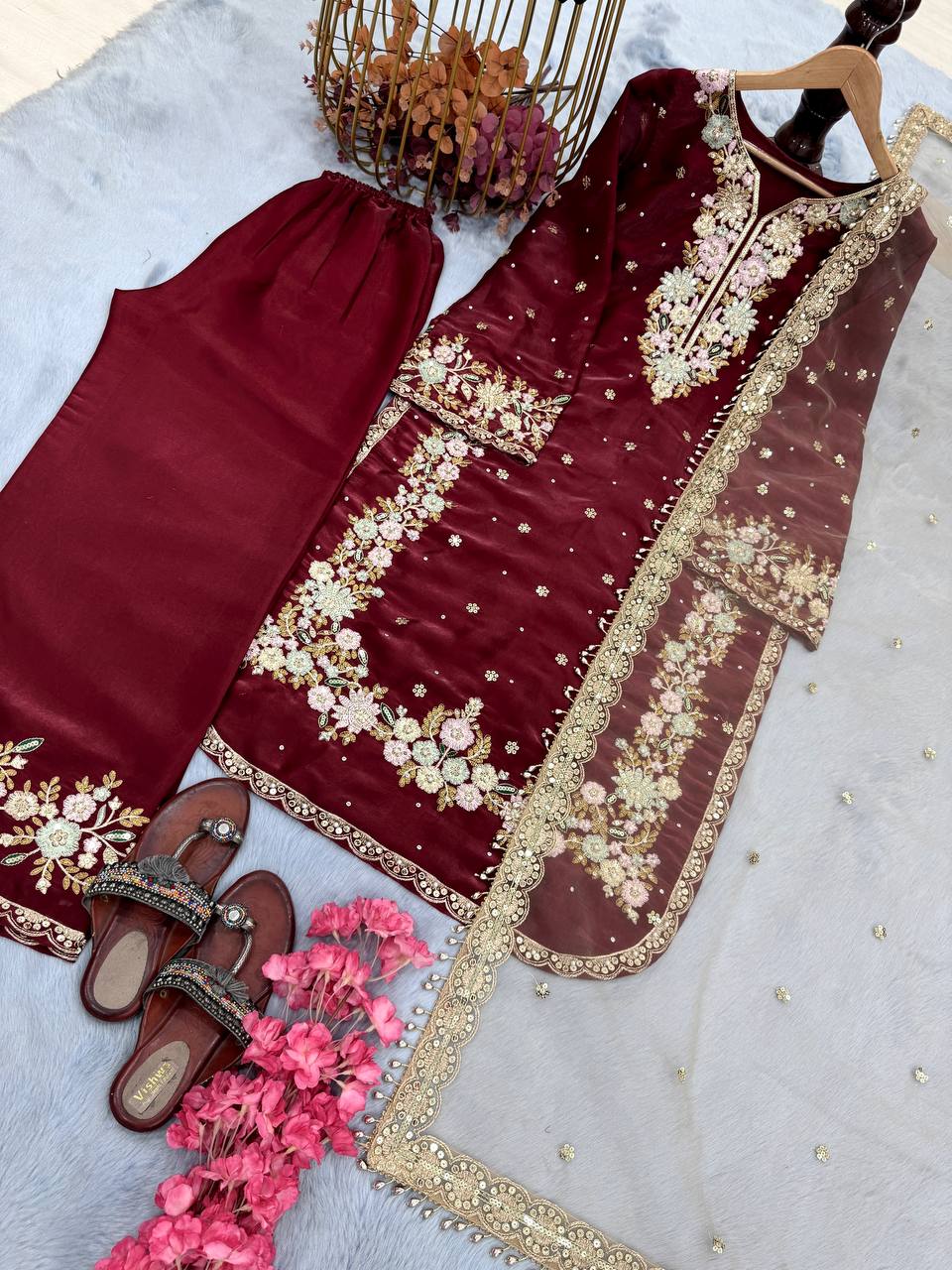 Exclusive Dark Maroon Color Pure Jimmy Choo With Heavy Embroidery 5mm Sequence Work Palazzo Suit