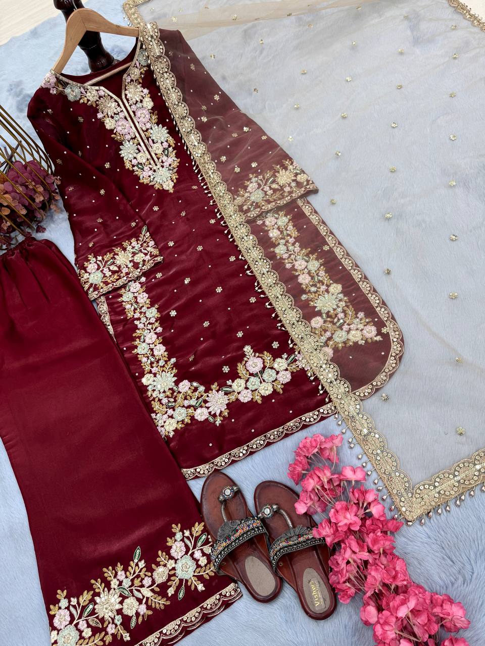 Exclusive Dark Maroon Color Pure Jimmy Choo With Heavy Embroidery 5mm Sequence Work Palazzo Suit
