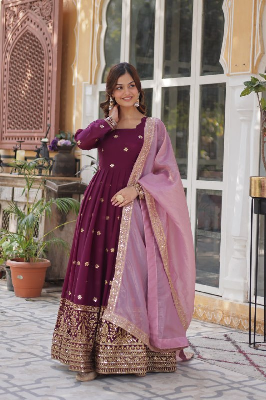 Luxuriant Wine Color Star Georgette With Embroidery Zari Sequins Work Designer Gown