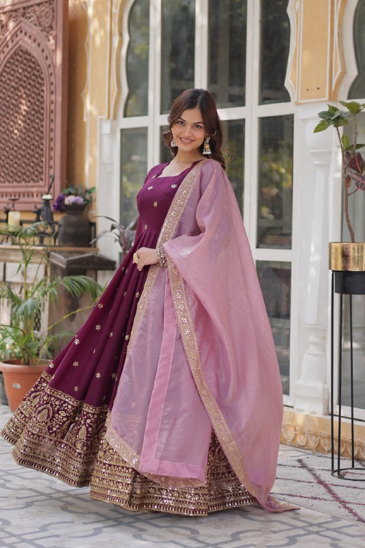 Luxuriant Wine Color Star Georgette With Embroidery Zari Sequins Work Designer Gown