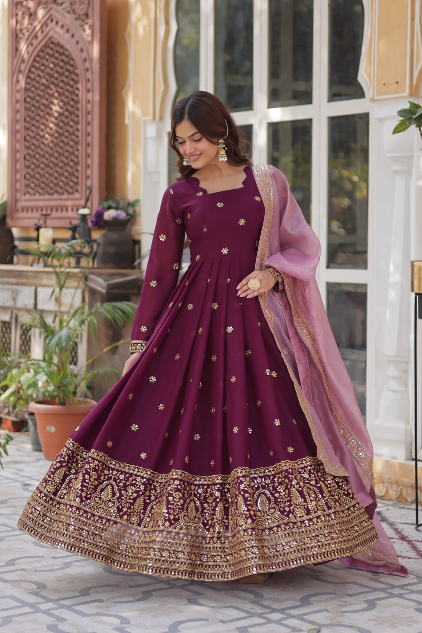 Luxuriant Wine Color Star Georgette With Embroidery Zari Sequins Work Designer Gown
