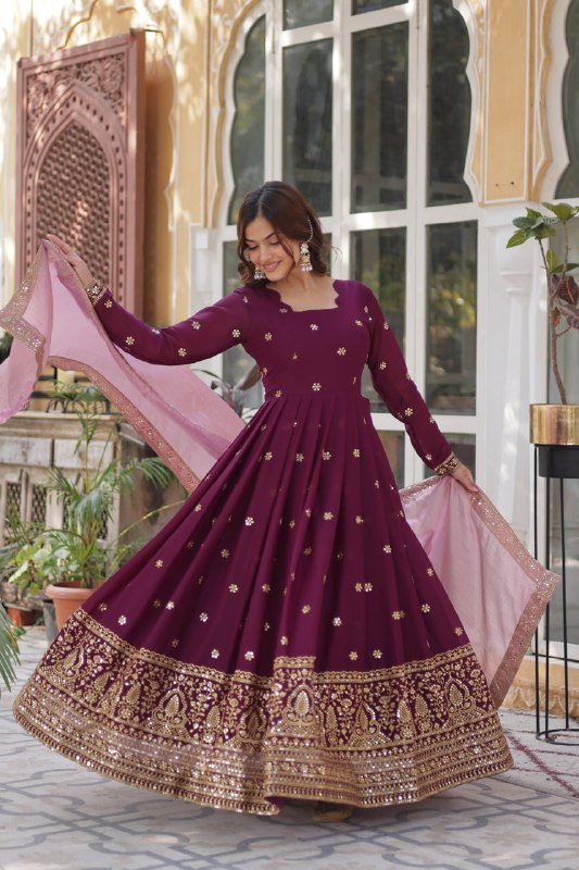 Luxuriant Wine Color Star Georgette With Embroidery Zari Sequins Work Designer Gown