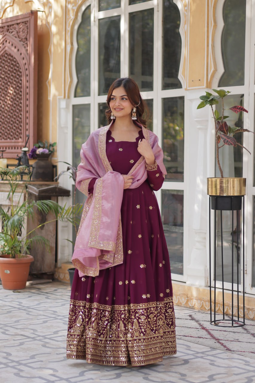 Luxuriant Wine Color Star Georgette With Embroidery Zari Sequins Work Designer Gown