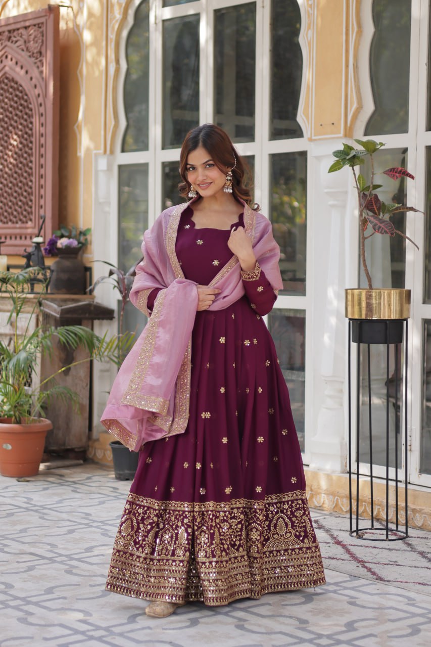 Luxuriant Wine Color Star Georgette With Embroidery Zari Sequins Work Designer Gown