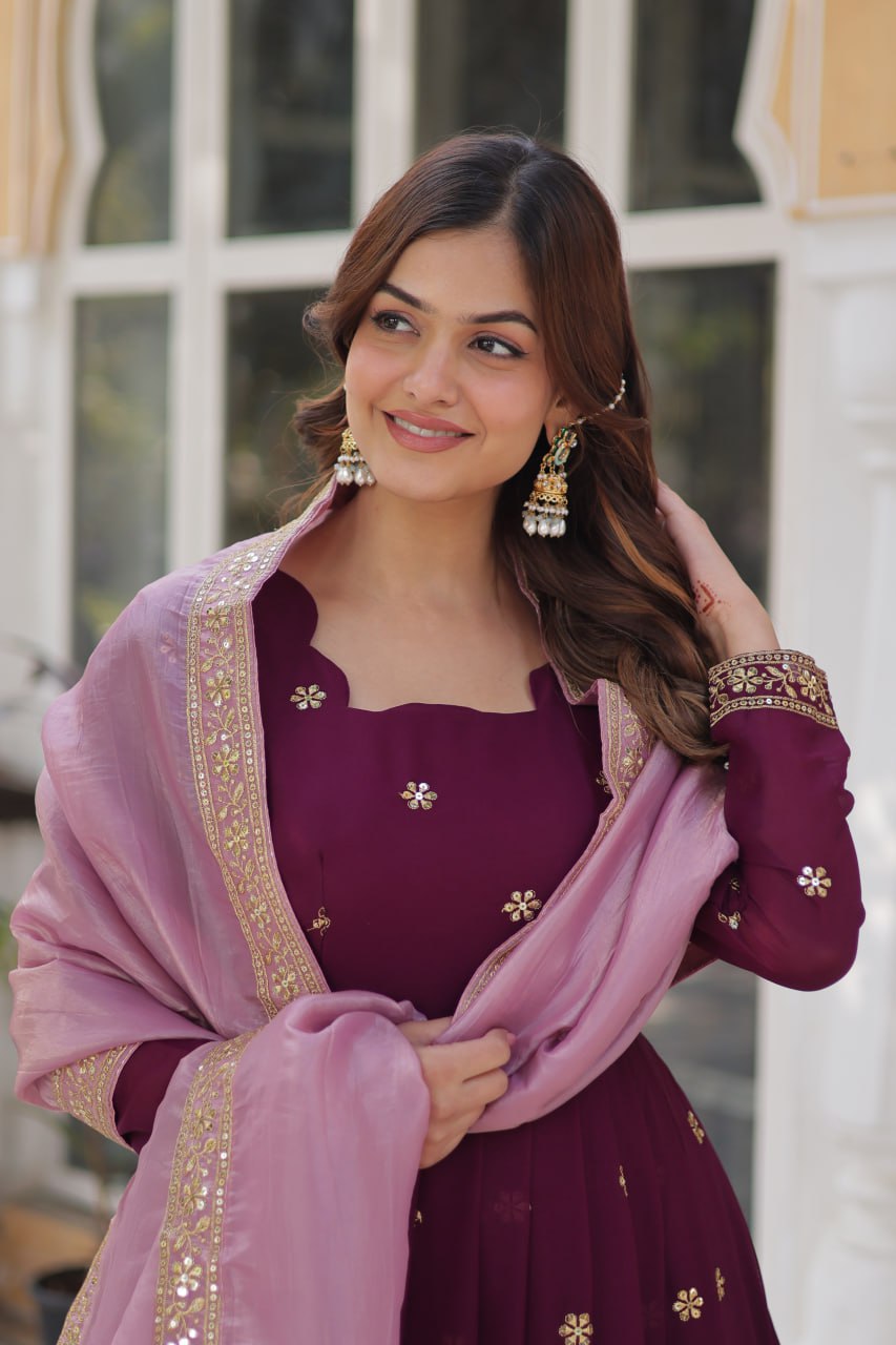 Luxuriant Wine Color Star Georgette With Embroidery Zari Sequins Work Designer Gown