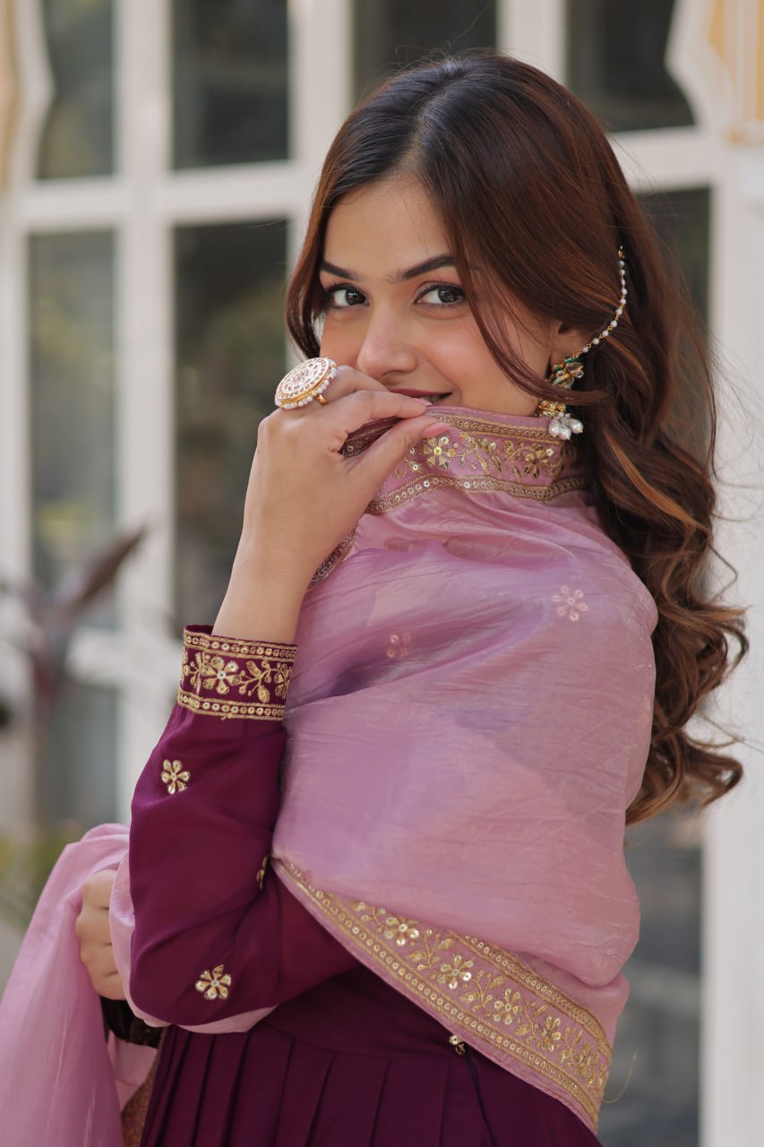 Luxuriant Wine Color Star Georgette With Embroidery Zari Sequins Work Designer Gown