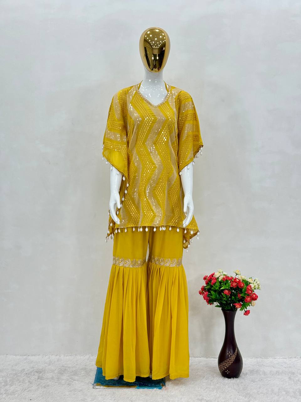 Haldi Special Yellow Color Heavy Faux Georgette Heavy Embroidered Sequins Work Sharara Suit With Choli And Kaftan