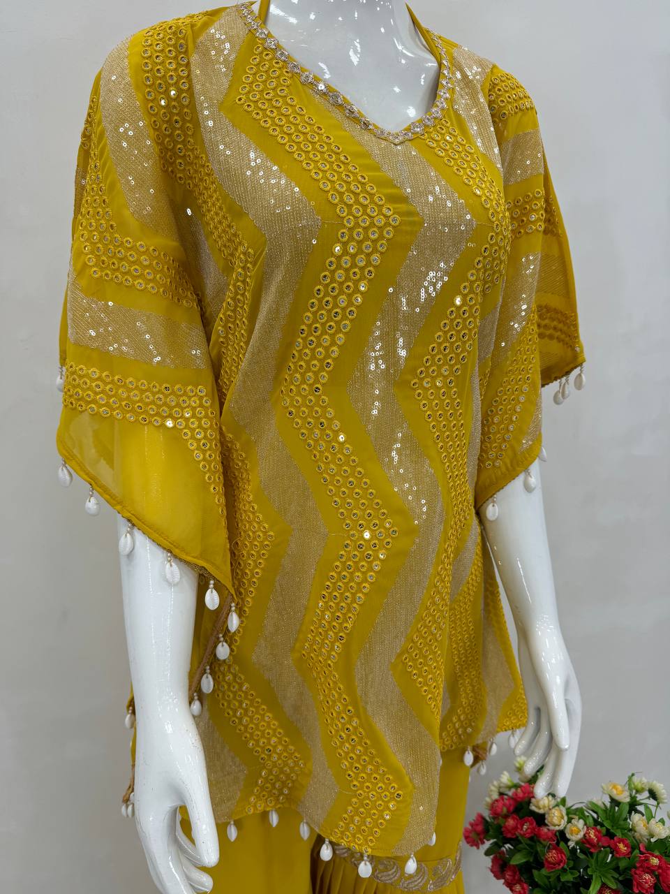 Haldi Special Yellow Color Heavy Faux Georgette Heavy Embroidered Sequins Work Sharara Suit With Choli And Kaftan