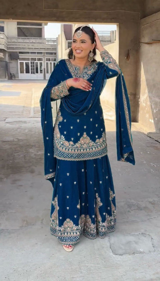 Stunning Teal Blue Color Chinon Silk And Thread With Sequence Work Palazzo Suit