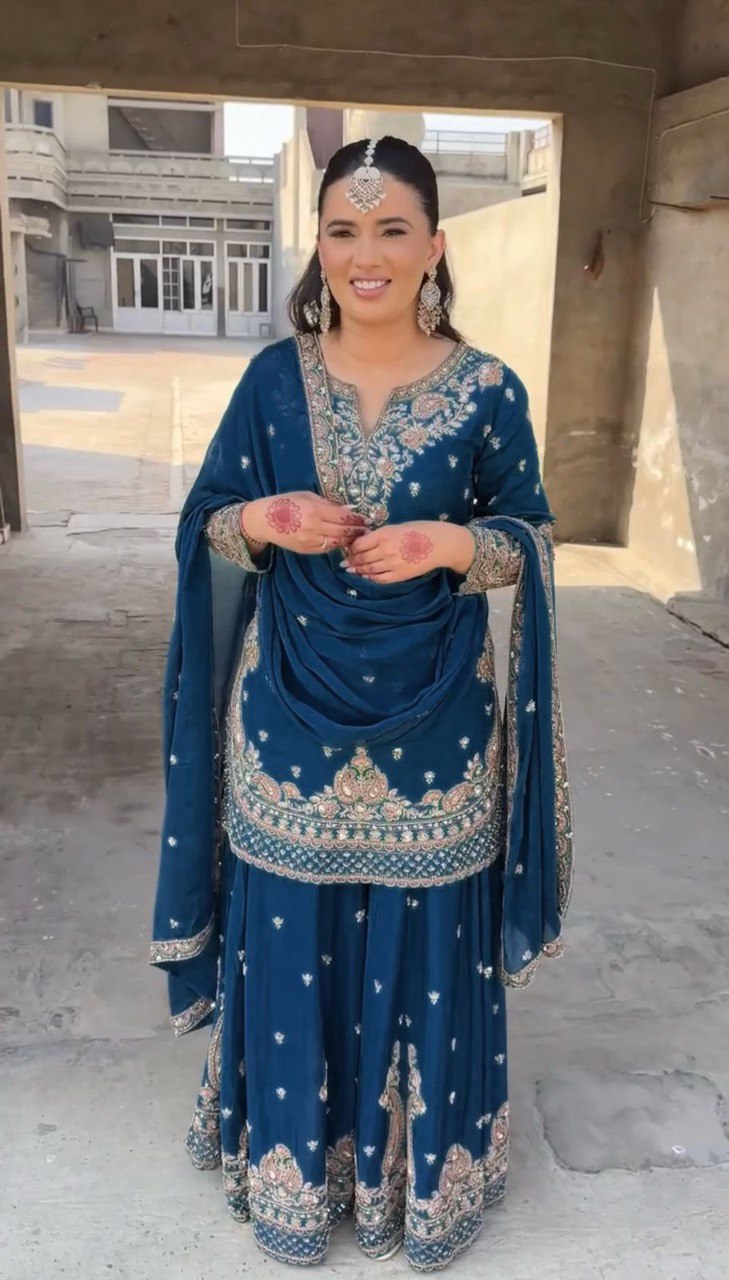 Stunning Teal Blue Color Chinon Silk And Thread With Sequence Work Palazzo Suit