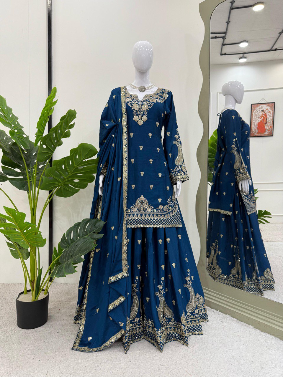 Stunning Teal Blue Color Chinon Silk And Thread With Sequence Work Palazzo Suit
