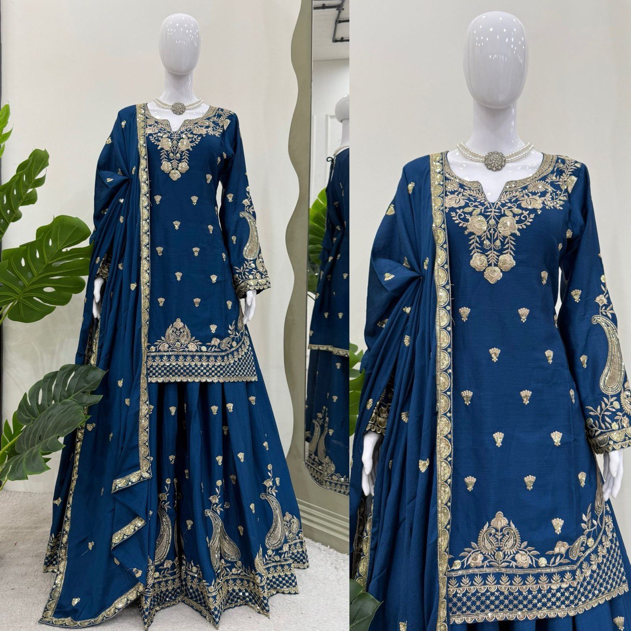 Stunning Teal Blue Color Chinon Silk And Thread With Sequence Work Palazzo Suit