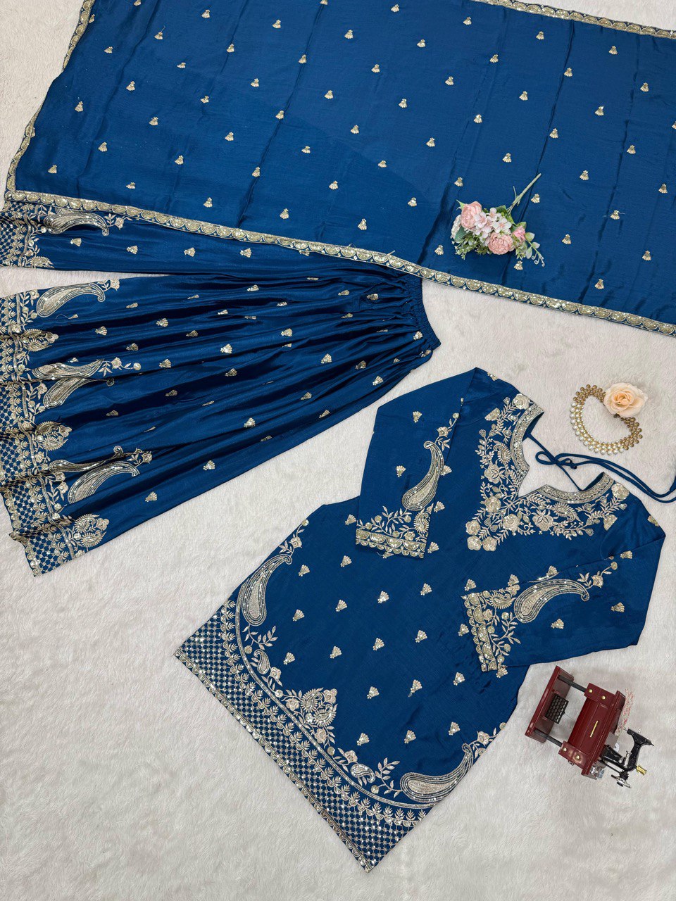 Stunning Teal Blue Color Chinon Silk And Thread With Sequence Work Palazzo Suit