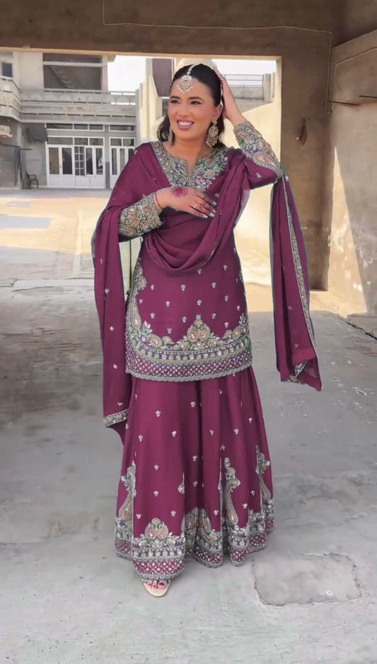 Marvelous Wine Color Chinon Silk And Thread With Sequence Work Palazzo Suit