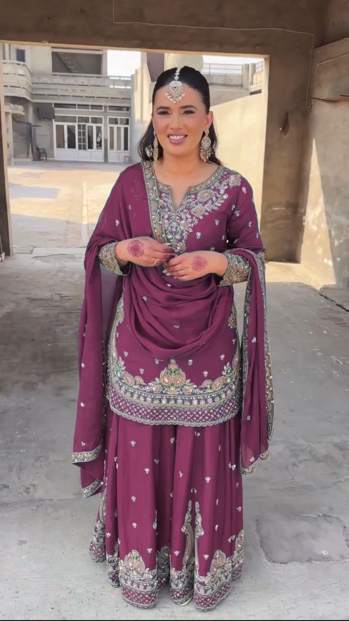 Marvelous Wine Color Chinon Silk And Thread With Sequence Work Palazzo Suit