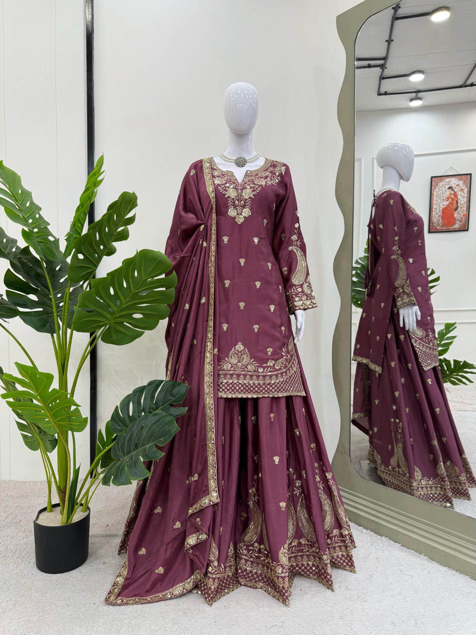 Marvelous Wine Color Chinon Silk And Thread With Sequence Work Palazzo Suit