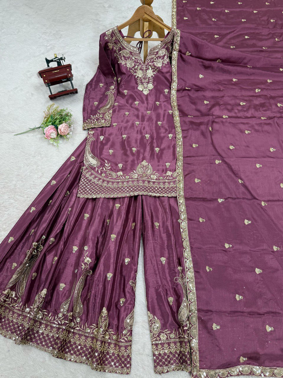 Marvelous Wine Color Chinon Silk And Thread With Sequence Work Palazzo Suit