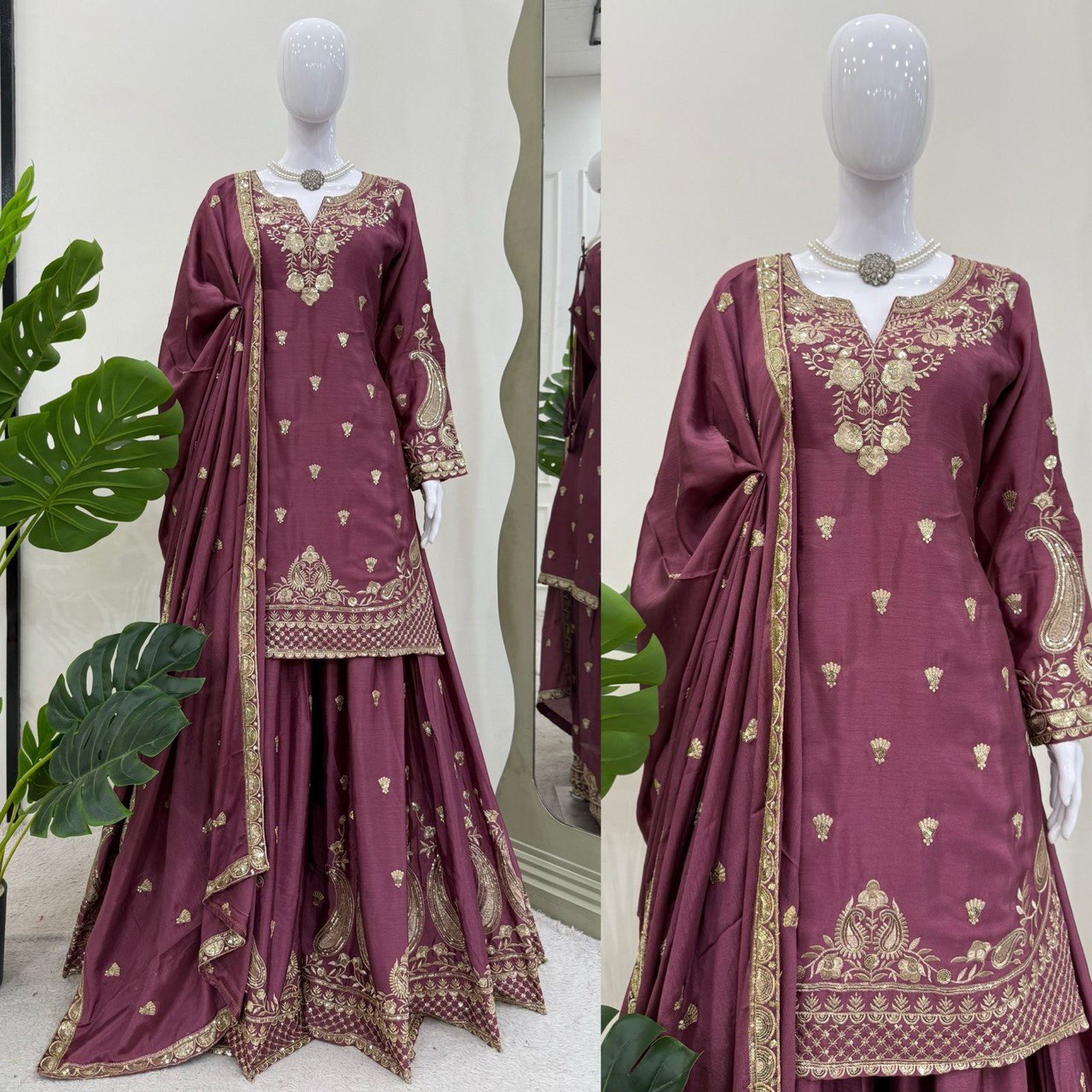 Marvelous Wine Color Chinon Silk And Thread With Sequence Work Palazzo Suit