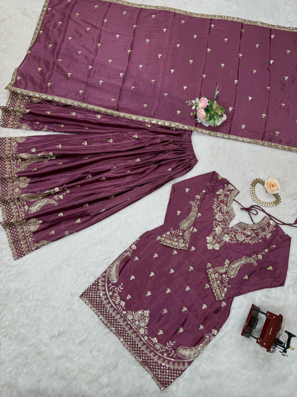 Marvelous Wine Color Chinon Silk And Thread With Sequence Work Palazzo Suit