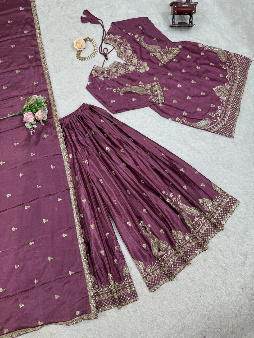 Marvelous Wine Color Chinon Silk And Thread With Sequence Work Palazzo Suit