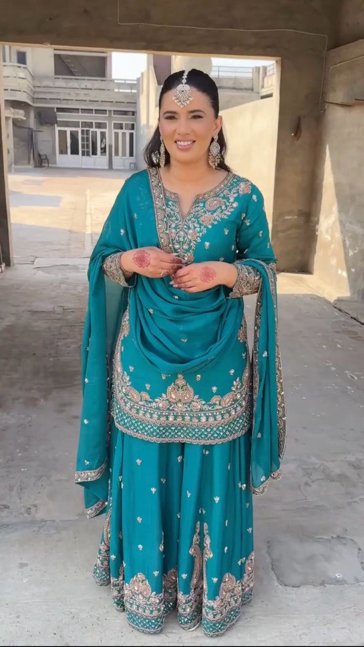 Stunning Aqua Green Color Chinon Silk And Thread With Sequence Work Palazzo Suit