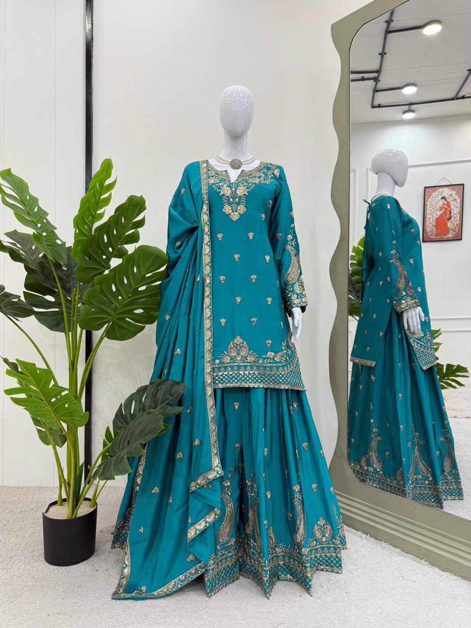 Stunning Aqua Green Color Chinon Silk And Thread With Sequence Work Palazzo Suit