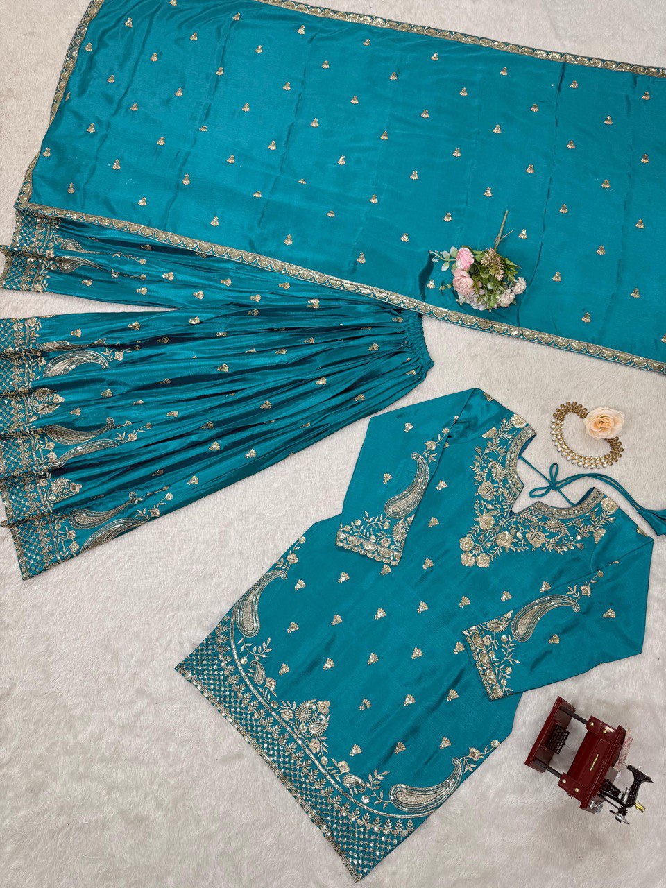 Stunning Aqua Green Color Chinon Silk And Thread With Sequence Work Palazzo Suit